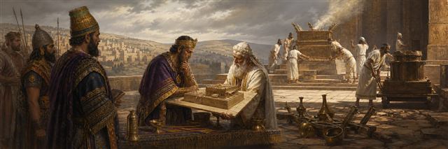King Ahaz studying a Damascus altar design as priests alter the temple court